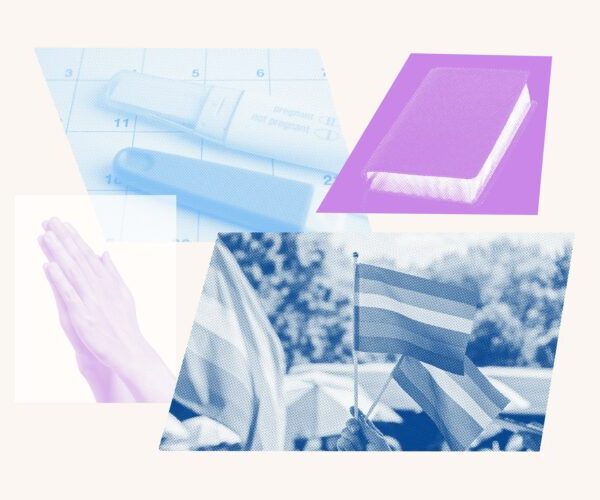 Collage of praying hands, a Bible, pregnancy tests, and pride flags