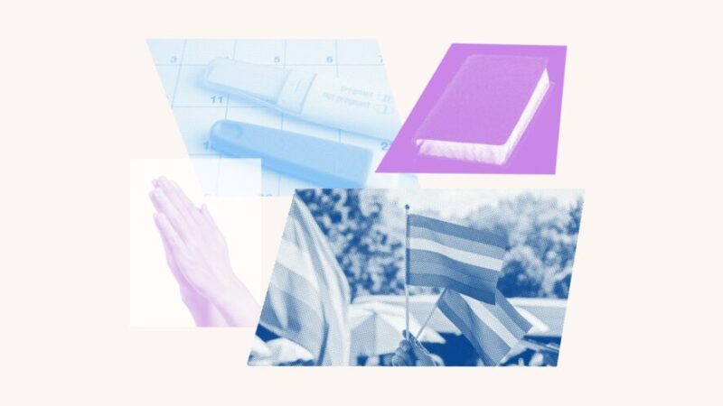 Collage of praying hands, a Bible, pregnancy tests, and pride flags