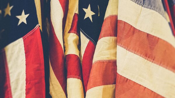 several american flags standing together