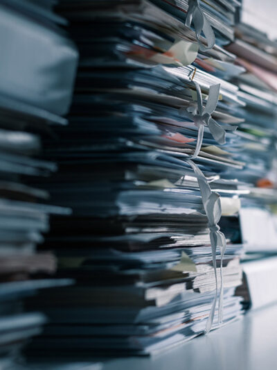 Stacks of files in a dark office