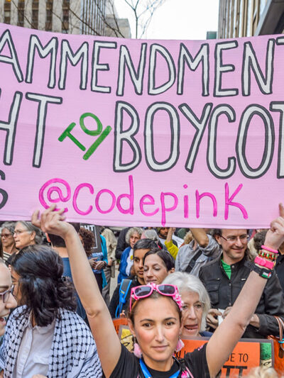 Protesters holding BDS signs