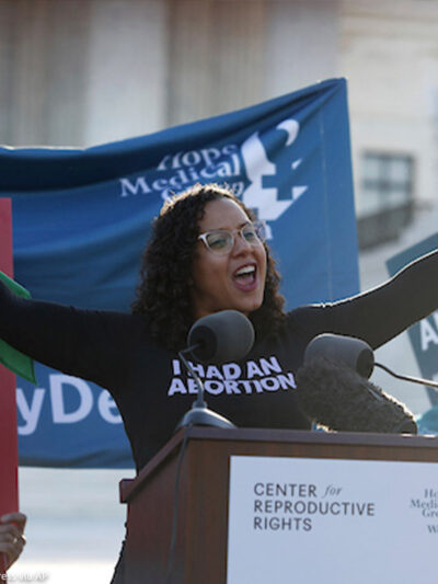 Renee Bracey Sherman, of We Testify, speaks to supporters organized by the Center for Reproductive Rights during a rally at the U.S. Supreme Court during oral arguments for June Medical Services v. Russo