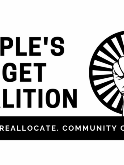 White background with "People's Budget Coalition" in block letters on the left. On the right is an image of a fist in the air in front of a sunrise. At the bottom, there is a black box with white writing that reads "Refund. Reallocate. Community Control."