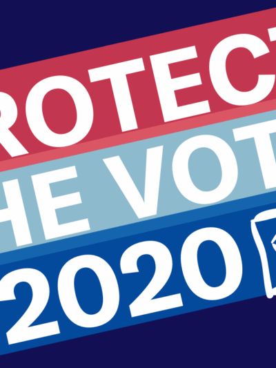 A navy blue background with red, light blue, and bright blue diagonal stripes. Text reads: Protect The Vote 2020. ACLU SC logo is in the bottom right corner.