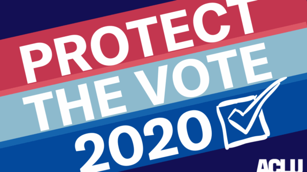 A navy blue background with red, light blue, and bright blue diagonal stripes. Text reads: Protect The Vote 2020. ACLU SC logo is in the bottom right corner.