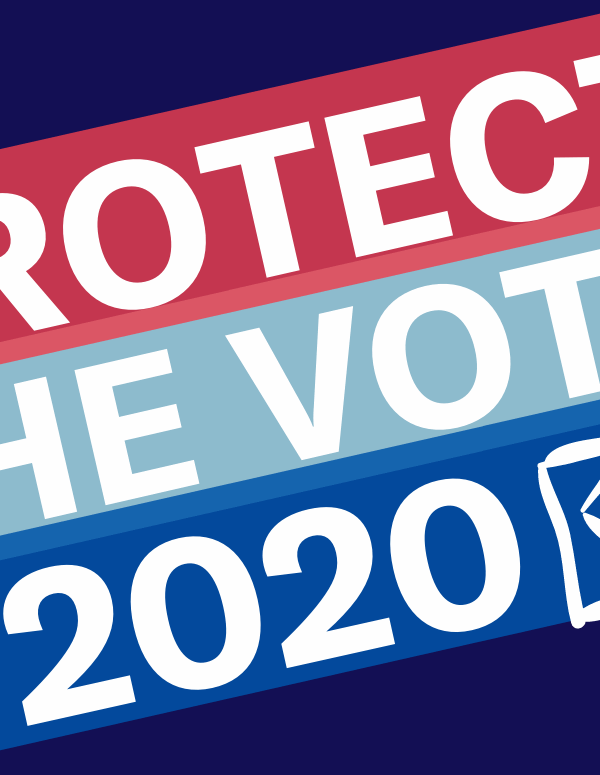 A navy blue background with red, light blue, and bright blue diagonal stripes. Text reads: Protect The Vote 2020. ACLU SC logo is in the bottom right corner.