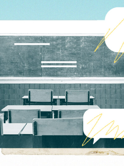 An image depicting a classroom, lightbulbs, thought bubbles, and a child with a backpack.