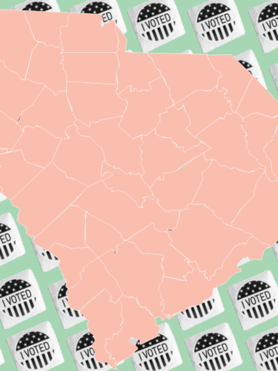 A pink outline of a South Carolina map overlaid on an array of "I Voted" stickers in black and white. The background is light green.