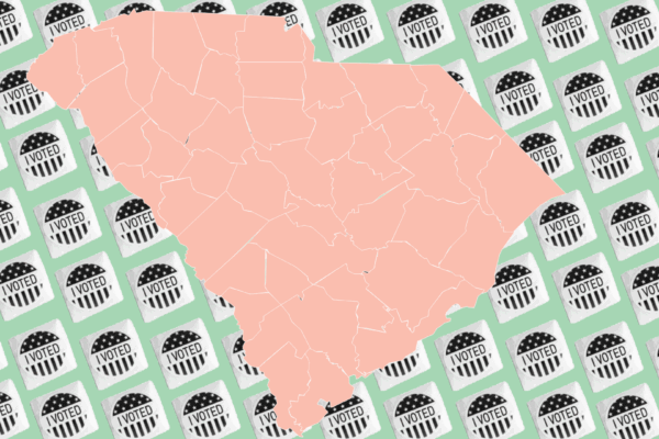A pink outline of a South Carolina map overlaid on an array of "I Voted" stickers in black and white. The background is light green.