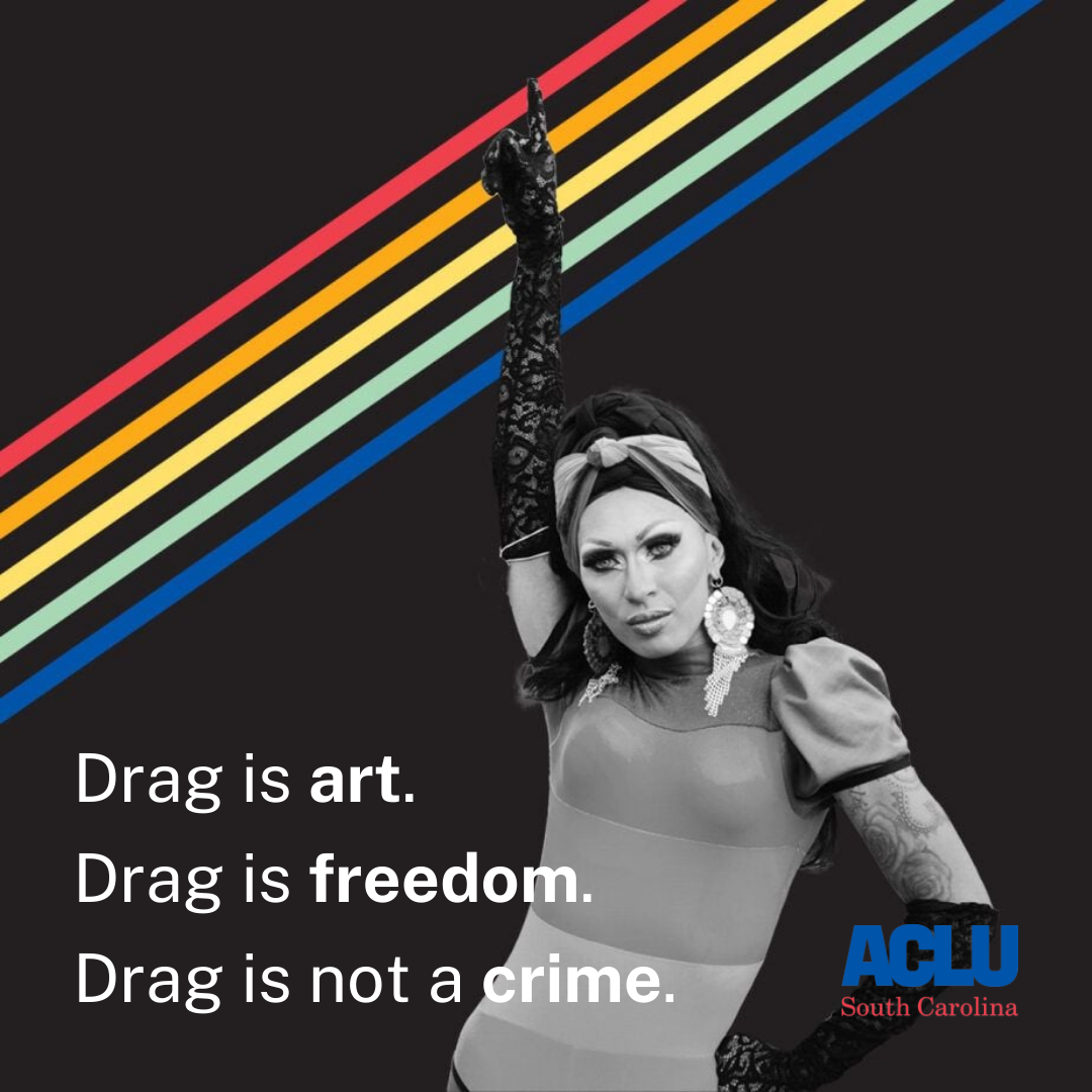 A black-and-white photo of a drag queen pointing skyward over a black background with rainbow stripes. The text reads: