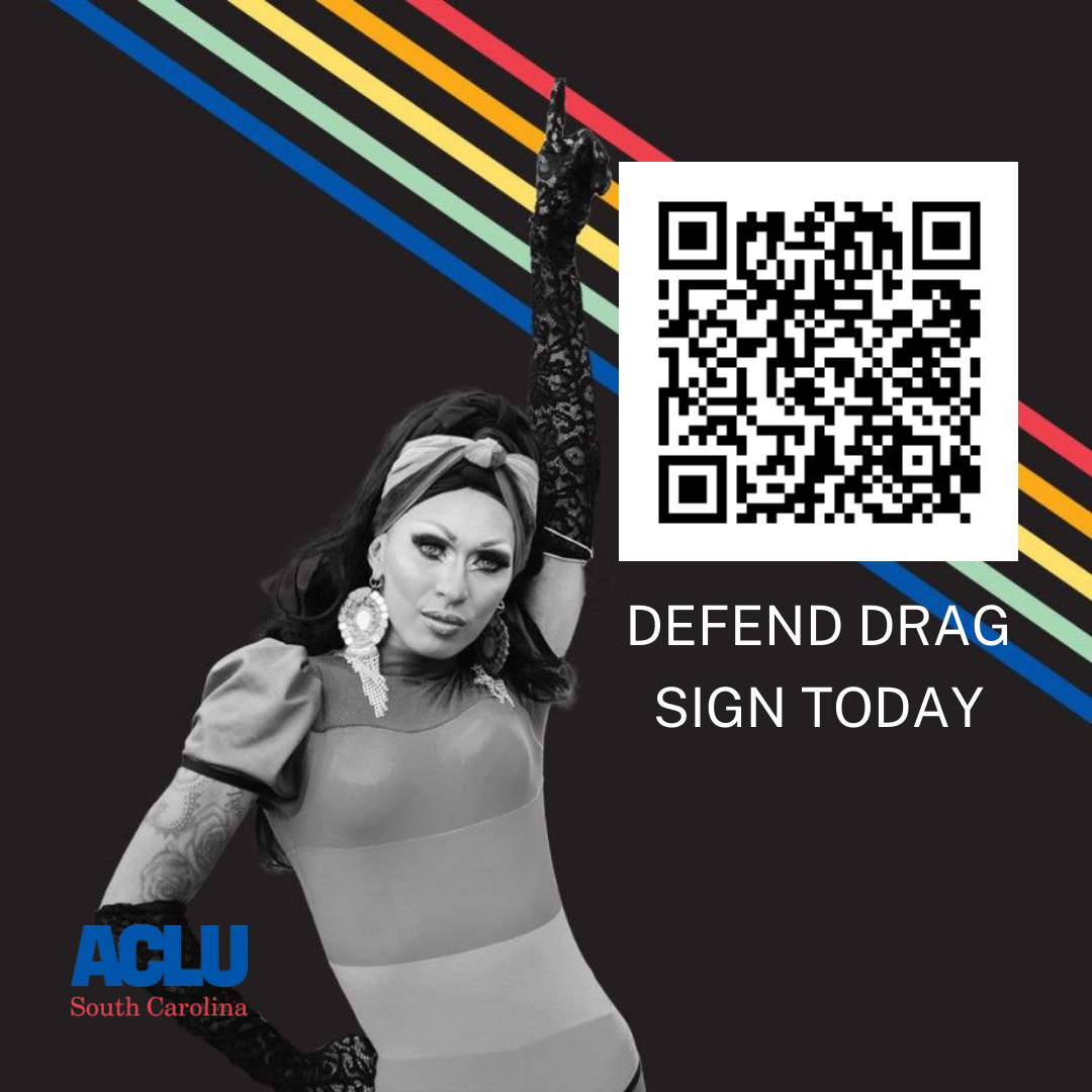 A QR code beside a black-and-white photo of a drag queen pointing skyward over a black background with rainbow stripes. The text reads: