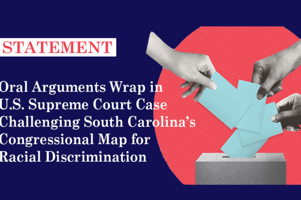 Text reads: "STATEMENT: Oral arguments wrap in U.S. Supreme Court case challenging South Carolina's Congressional map for racial discrimination"