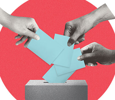 A collage image of hands reaching to place ballots in a box.