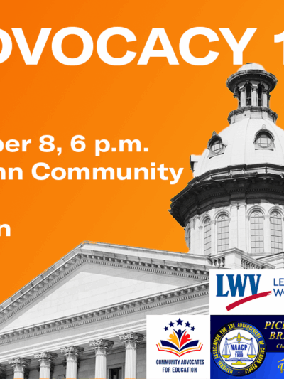 "Advocacy 101: November 8, 6 p.m. Littlejohn Community Center, Clemson" on an orange background beside a photo of the South Carolina State House