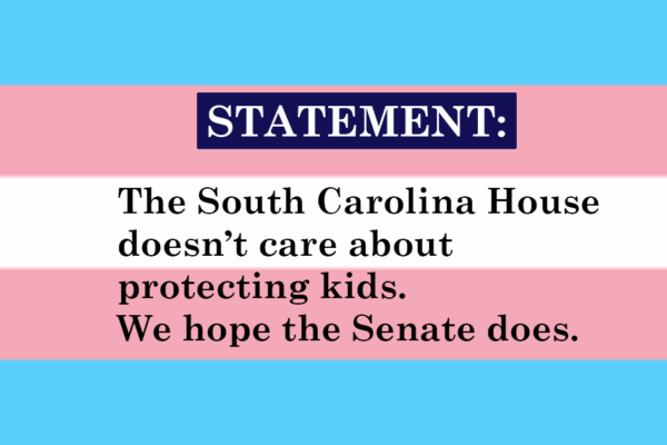 "Statement: The South Carolina House doesn't care about protecting kids. We hope the Senate does." Text appears over a trans pride flag of blue, pink, and white.