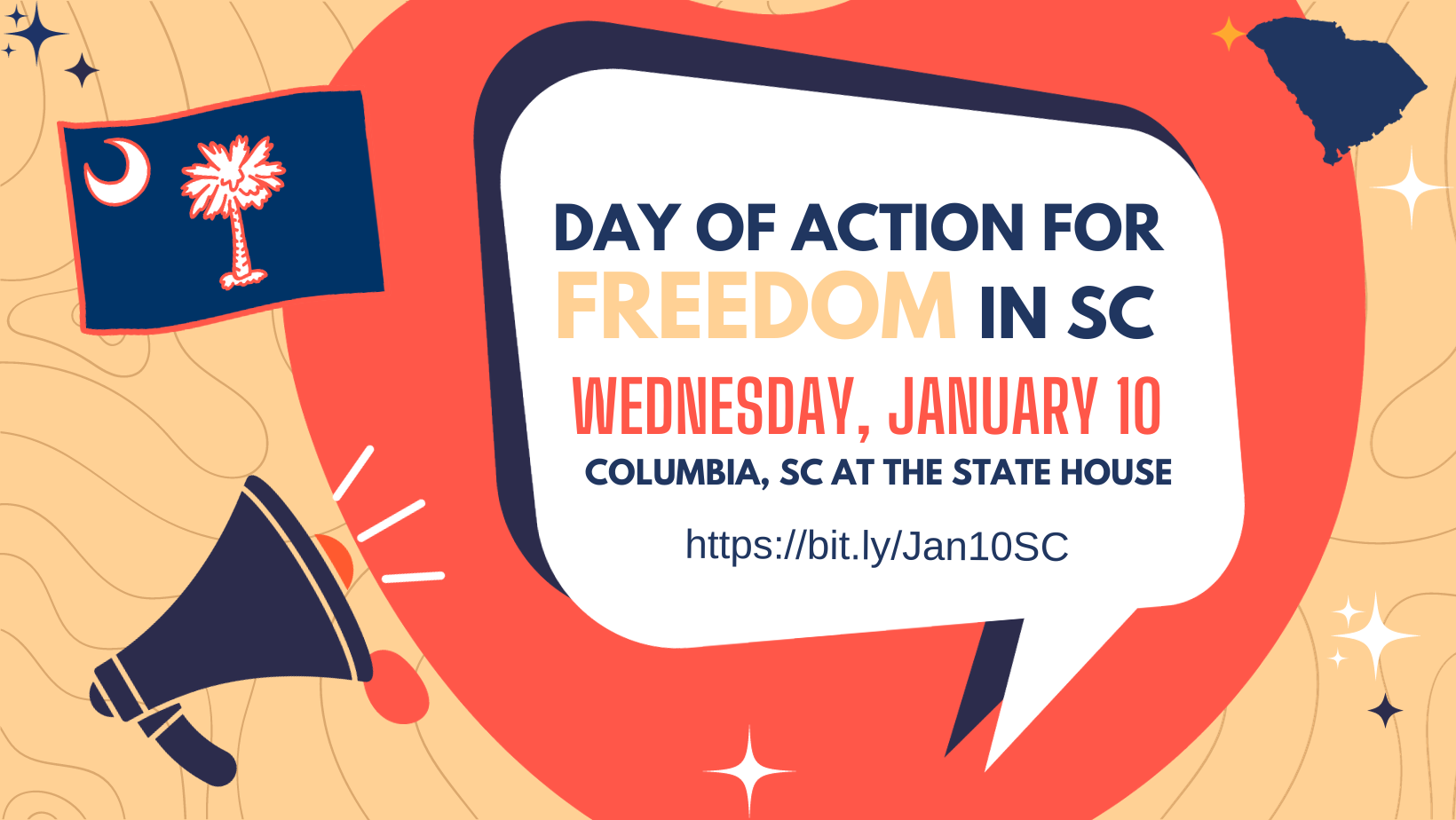 An infographic with a South Carolina flag and megaphone reads,