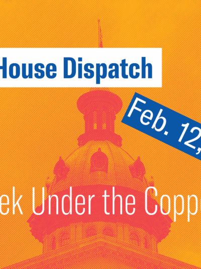 "State House Dispatch: Feb. 12, 2024. This Week Under the Copper Dome." Text appears over an orange-tinted image of the South Carolina State House dome.