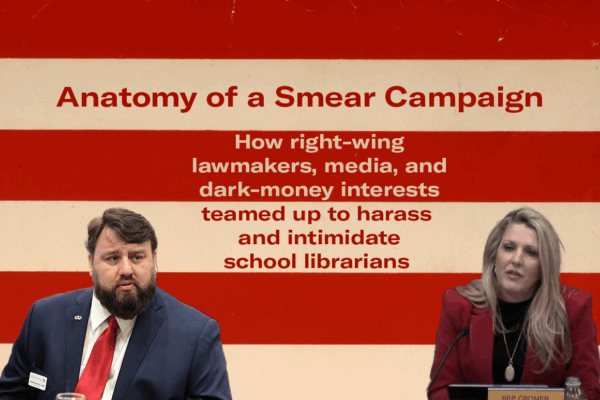 "Anatomy of a Smear Campaign: How right-wing lawmakers, media, and dark-money interests teamed up to harass and intimidate school librarians." The text is on a red and tan striped background. Photos of Reps. Thomas Beach and April Cromer appear below.