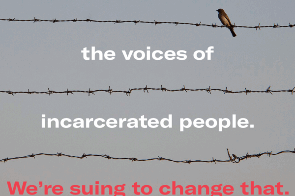 "South Carolina silences the voices of incarcerated people. We're suing to change that." Text appears over an image of a bird sitting on barbed wire.