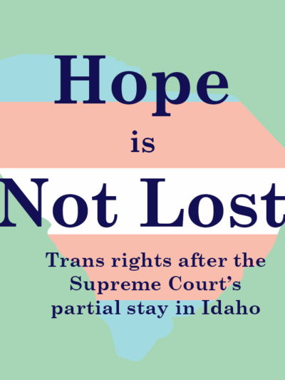 "Hope is Not Lost: Trans rights after the Supreme Court's partial stay in Idaho." Text is overlaid on a map of South Carolina colored in the blue, pink, and white stripes of the trans pride flag.