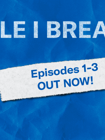 "While I Breathe: Episodes 1-3 out now!" Text appears over a crumpled navy blue field with the podcast logo, a microphone with a crescent moon in the shape of the South Carolina flag.