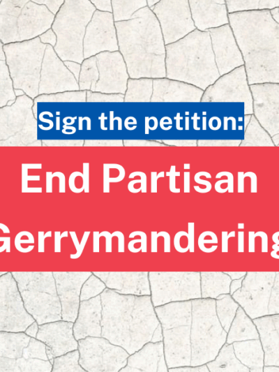 "Sign the petition: End partisan gerrymandering." Text appears over a background that looks like dry, cracked earth. The ACLU SC logo appears in blue at the bottom right.