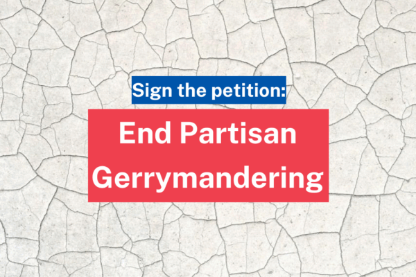 "Sign the petition: End partisan gerrymandering." Text appears over a background that looks like dry, cracked earth. The ACLU SC logo appears in blue at the bottom right.