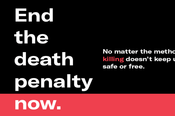 "End the death penalty now. No matter the method, killing doesn't keep us safe or free." Text appears on a black and red background with a blue ACLU-SC logo at bottom right.