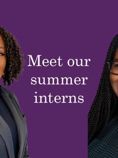 "Meet our summer interns." Text appears on a purple background with cutout professional headshots of the interns.