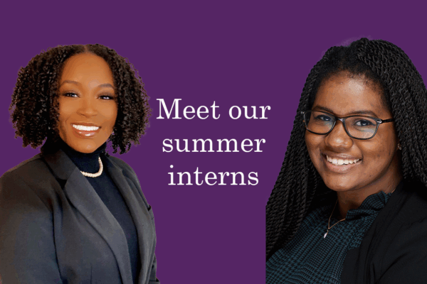 "Meet our summer interns." Text appears on a purple background with cutout professional headshots of the interns.
