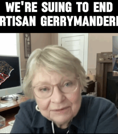 "We're suing to end partisan gerrymandering." Text appears above an image of Lynn Teague speaking in front of a computer monitor with a South Carolina map superimposed on it.