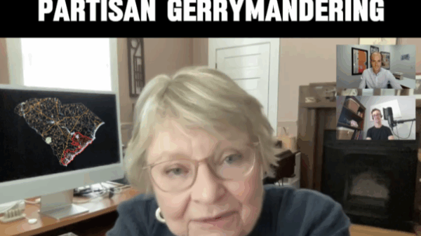 "We're suing to end partisan gerrymandering." Text appears above an image of Lynn Teague speaking in front of a computer monitor with a South Carolina map superimposed on it.
