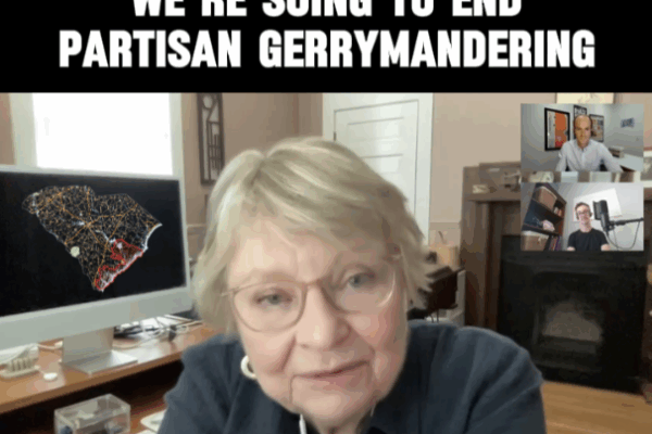 "We're suing to end partisan gerrymandering." Text appears above an image of Lynn Teague speaking in front of a computer monitor with a South Carolina map superimposed on it.