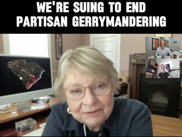"We're suing to end partisan gerrymandering." Text appears above an image of Lynn Teague speaking in front of a computer monitor with a South Carolina map superimposed on it.
