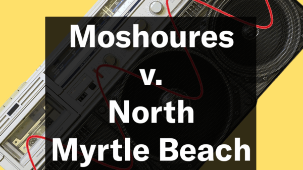 "Moshoures v. North Myrtle Beach." Text appears over an image of a boombox. At bottom right, a stamp in the style of the Parental Advisory warning reads, "First Amendment Victory."