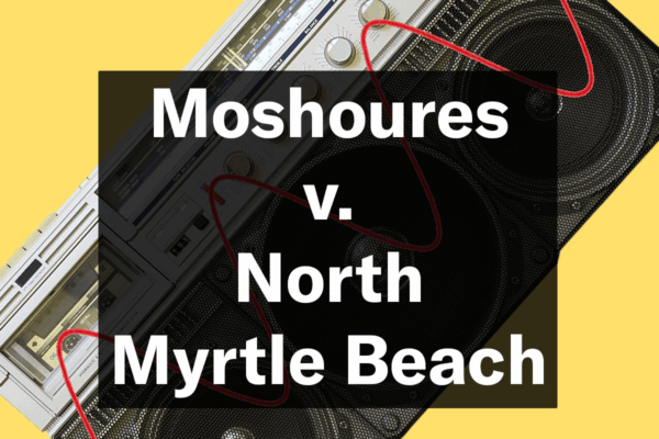 "Moshoures v. North Myrtle Beach." Text appears over an image of a boombox. At bottom right, a stamp in the style of the Parental Advisory warning reads, "First Amendment Victory."
