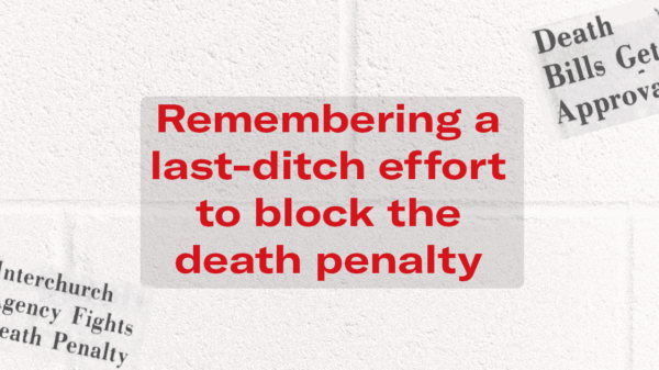 "Remembering a last-ditch effort to block the death penalty." Red text appears over a white cinder block background.