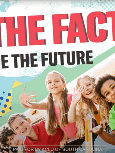 "Get the facts. You decide the future." Text appears over a photo of children waving out of the windows of a school bus.
