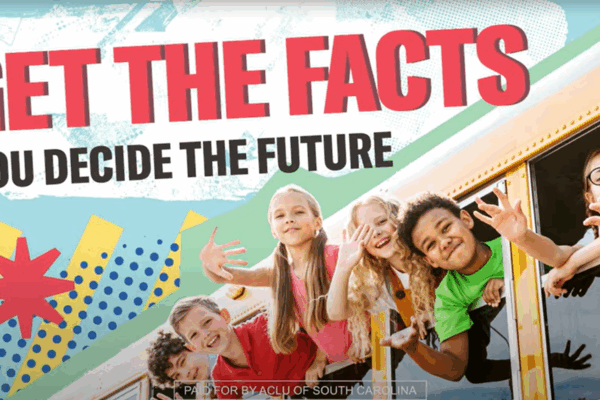 "Get the facts. You decide the future." Text appears over a photo of children waving out of the windows of a school bus.