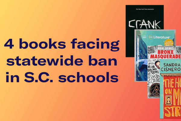 "4 books facing statewide ban in S.C. schools." The covers of these books are shown: Crank, HMH Into Literature Grade 8, Bronx Masquerade, and The House on Mango Street