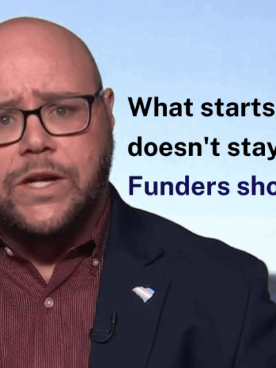 "What starts in the South doesn't stay here. Funders should take note." Photo of Executive Director Jace Woodrum, a white man with short facial hair and thick rimmed glasses, speaking in front of the U.S. Capitol. The ACLU-SC logo is at bottom right.