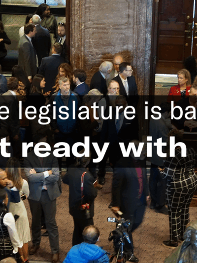 "The legislature is back. Get ready with us." Text is overlaid on an aerial-view photo of people milling around in the State House lobby.
