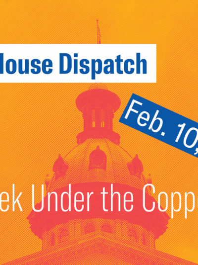 "State House Dispatch: Feb. 10, 2025. This Week Under the Copper Dome." Text appears over an orange-tinted image of the South Carolina State House dome.