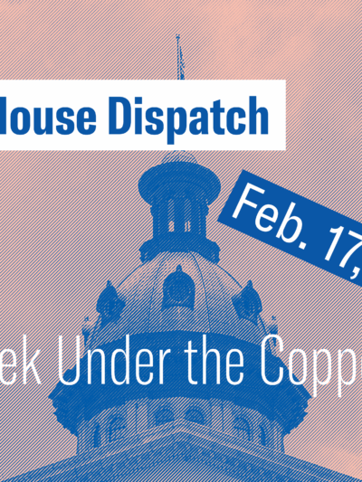 "State House Dispatch: Feb. 17, 2025. This Week Under the Copper Dome." Text appears over a pink and blue-tinted image of the South Carolina State House dome.