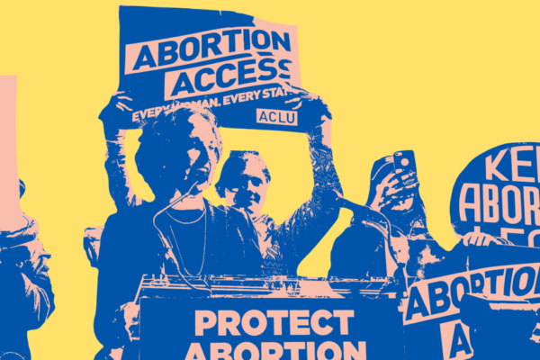 Blue and yellow image of protesters holding signs that read Protect Abortion, Abortion Access, and Keep Abortion Legal