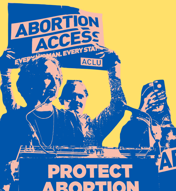 Blue and yellow image of protesters holding signs that read Protect Abortion, Abortion Access, and Keep Abortion Legal