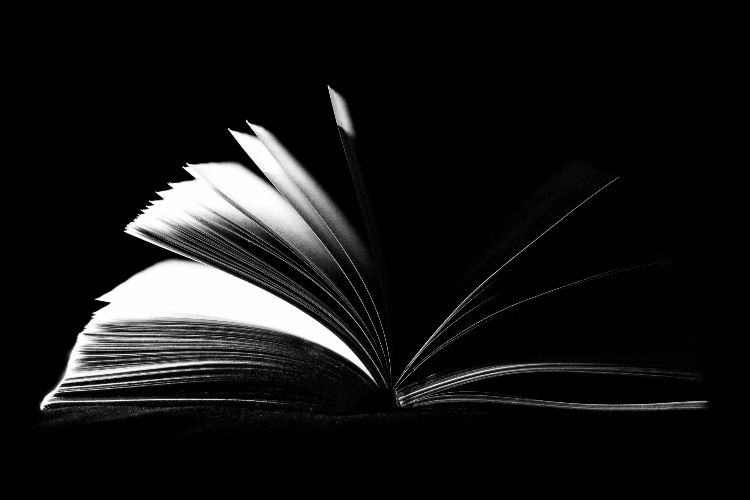 Black and white image of an open book.