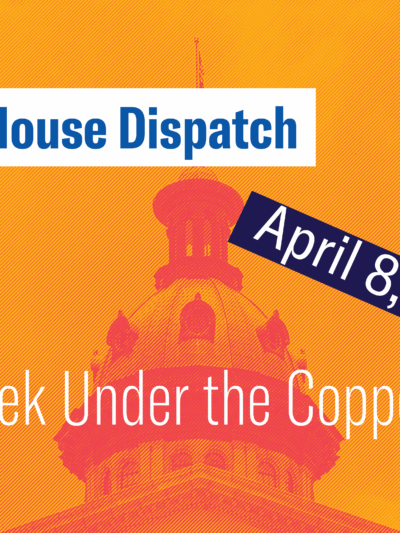 "State House Dispatch: April 8, 2025. This Week Under the Copper Dome." Text appears over an orange-tinted image of the South Carolina State House dome.