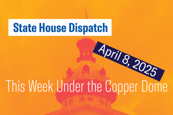 "State House Dispatch: April 8, 2025. This Week Under the Copper Dome." Text appears over an orange-tinted image of the South Carolina State House dome.
