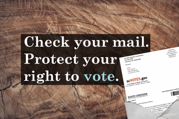 "Check your mail. Protect your right to vote." An open envelope with a Voter Registration Confirmation Card inside. Background is a wood countertop.